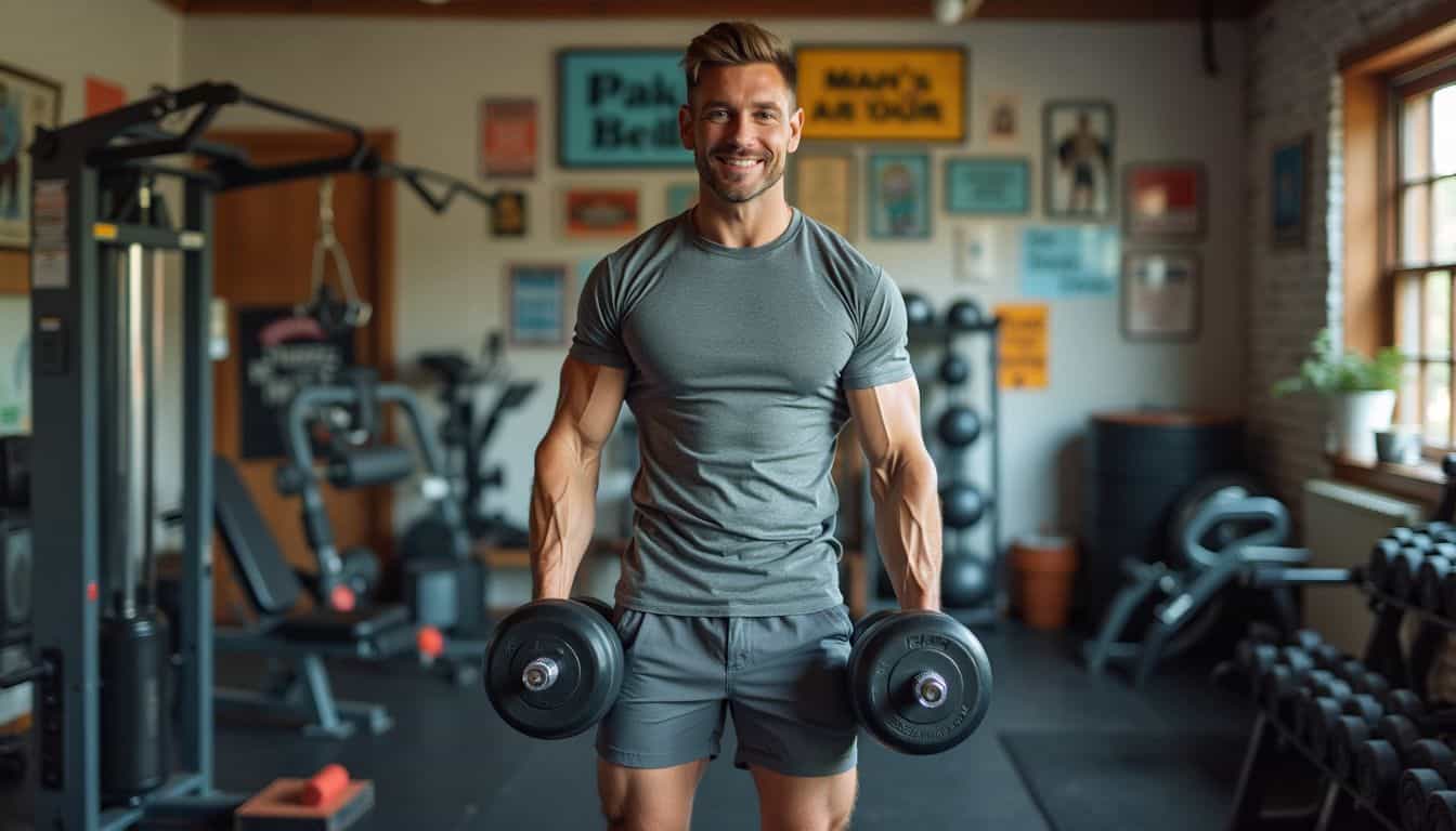 A man in his 30s confidently lifts heavy dumbbells in a home gym. A man in his 30s confidently lifts heavy dumbbells in a home gym.