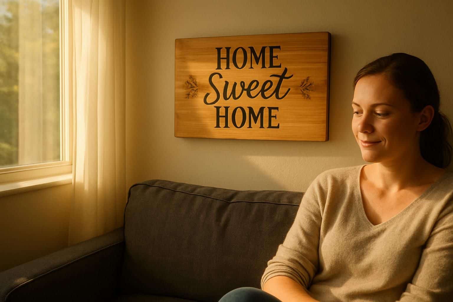 A beautifully handcrafted 'Home Sweet Home' wooden sign hangs above a cozy linen sofa in a warmly lit living room. A beautifully handcrafted 'Home Sweet Home' wooden sign hangs above a cozy linen sofa in a warmly lit living room.