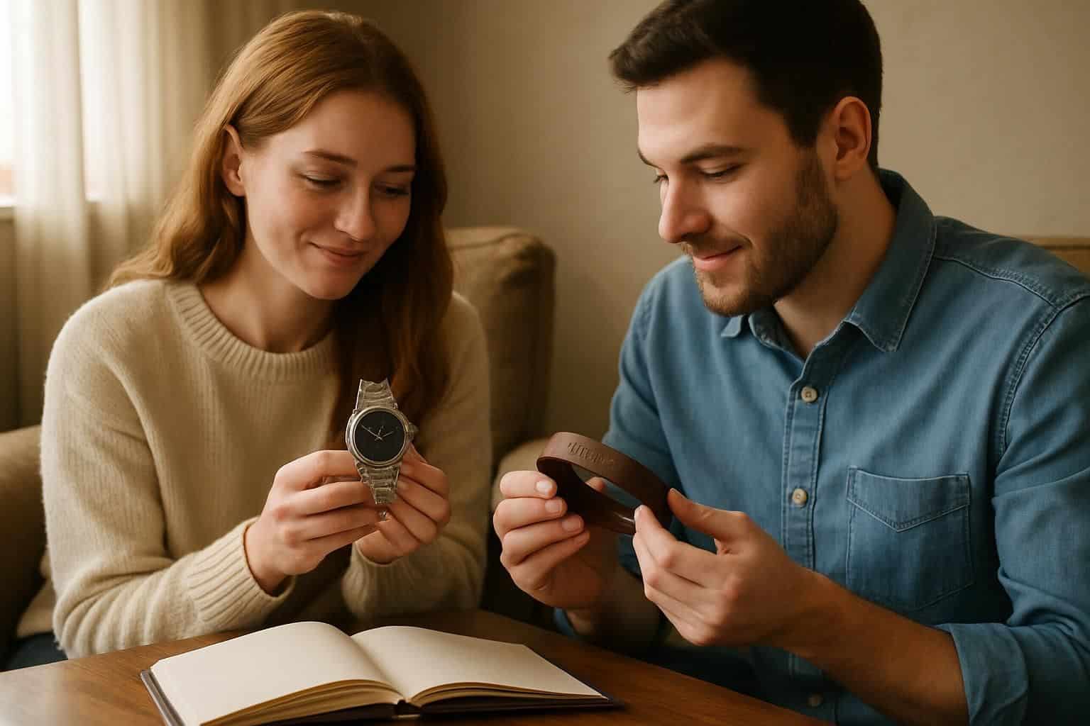A young couple exchanges personalized gifts in a warmly lit living room. A young couple exchanges personalized gifts in a warmly lit living room.