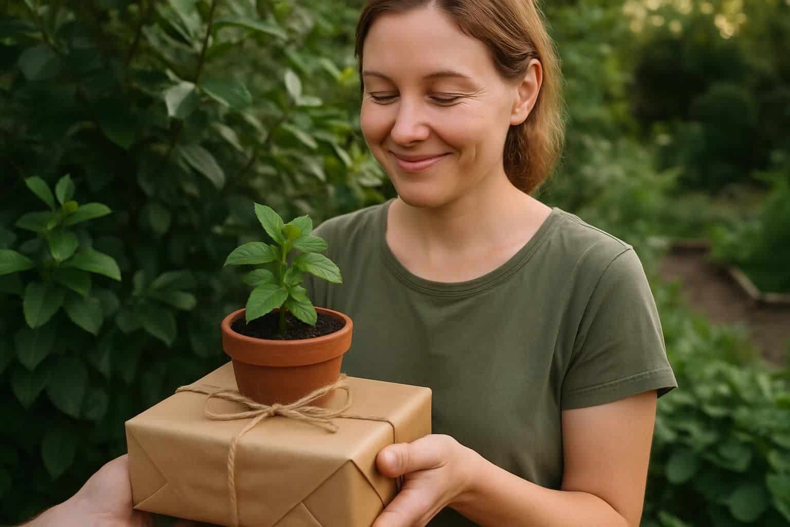 A woman receives a gift of a thriving herb plant in a rustic pot. A woman receives a gift of a thriving herb plant in a rustic pot.