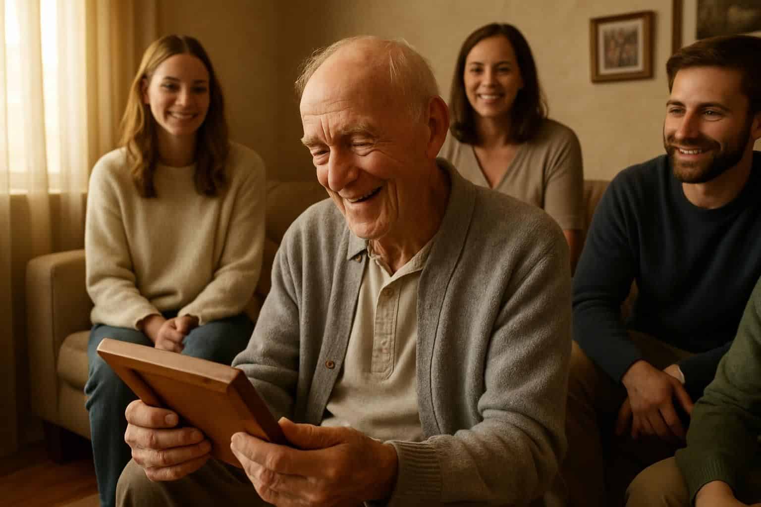 An elderly man sits in a warmly lit living room surrounded by family members, holding a photo frame. An elderly man sits in a warmly lit living room surrounded by family members, holding a photo frame.