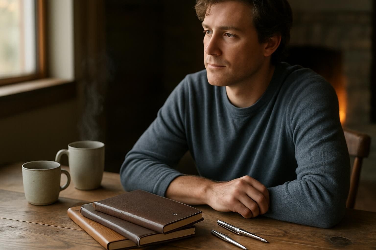 A rustic desk with personalized notebooks, pens, and mugs, with a person seated and a cozy fireplace in the background. A rustic desk with personalized notebooks, pens, and mugs, with a person seated and a cozy fireplace in the background.