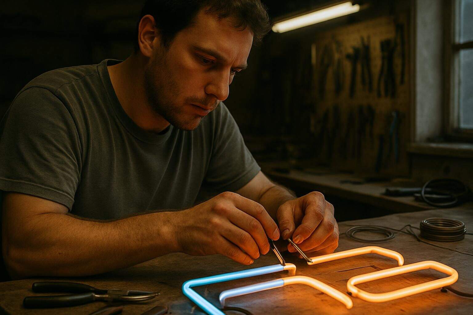 A man installs electrodes on a neon sign in a cluttered workshop, showcasing his focused craftsmanship. A man installs electrodes on a neon sign in a cluttered workshop, showcasing his focused craftsmanship.