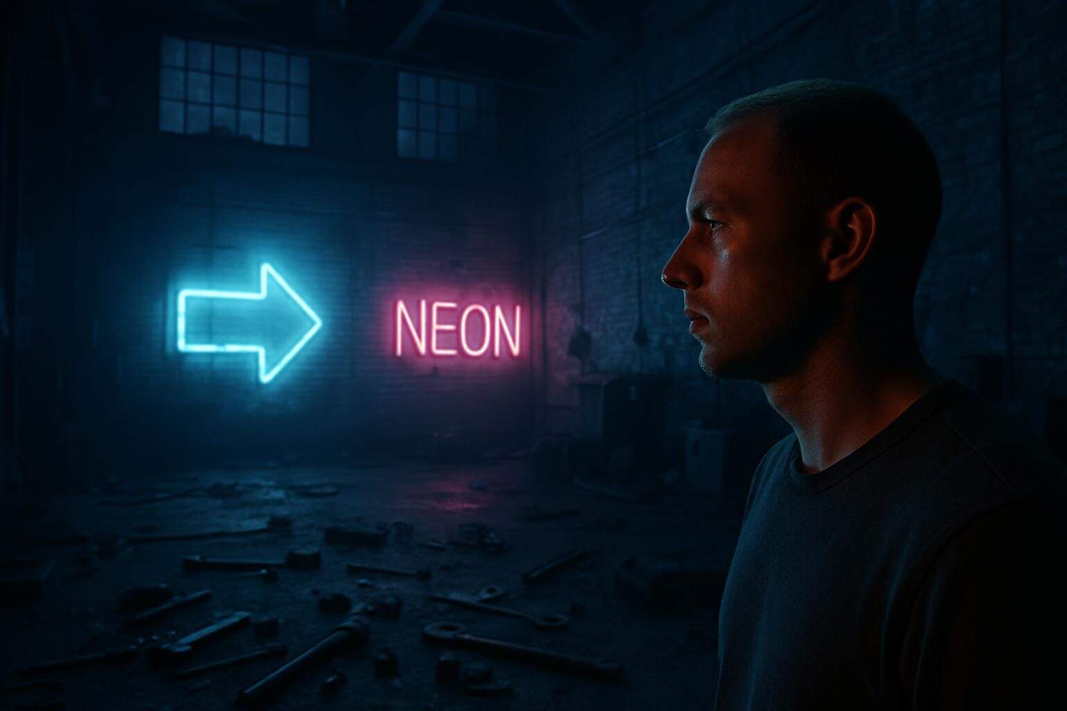 A man stands in an abandoned warehouse illuminated by flickering neon signs, surrounded by scattered tools and machinery. A man stands in an abandoned warehouse illuminated by flickering neon signs, surrounded by scattered tools and machinery.