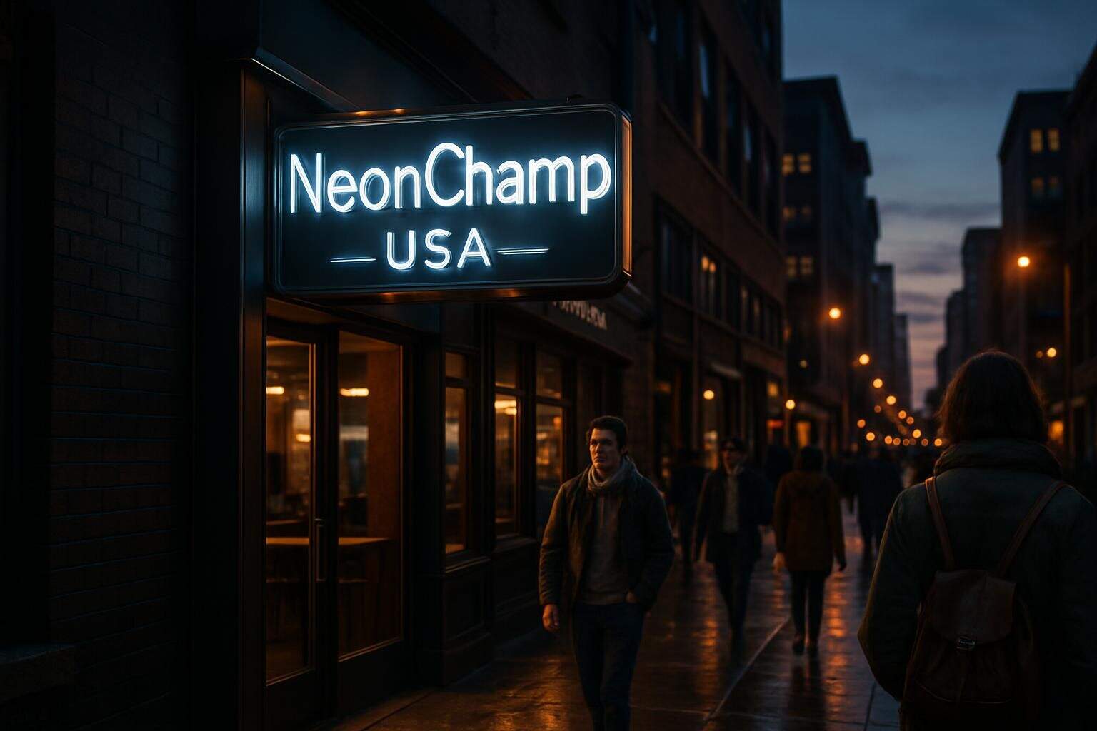 A vibrant city street at dusk, featuring a modern restaurant sign and bustling pedestrians. A vibrant city street at dusk, featuring a modern restaurant sign and bustling pedestrians.