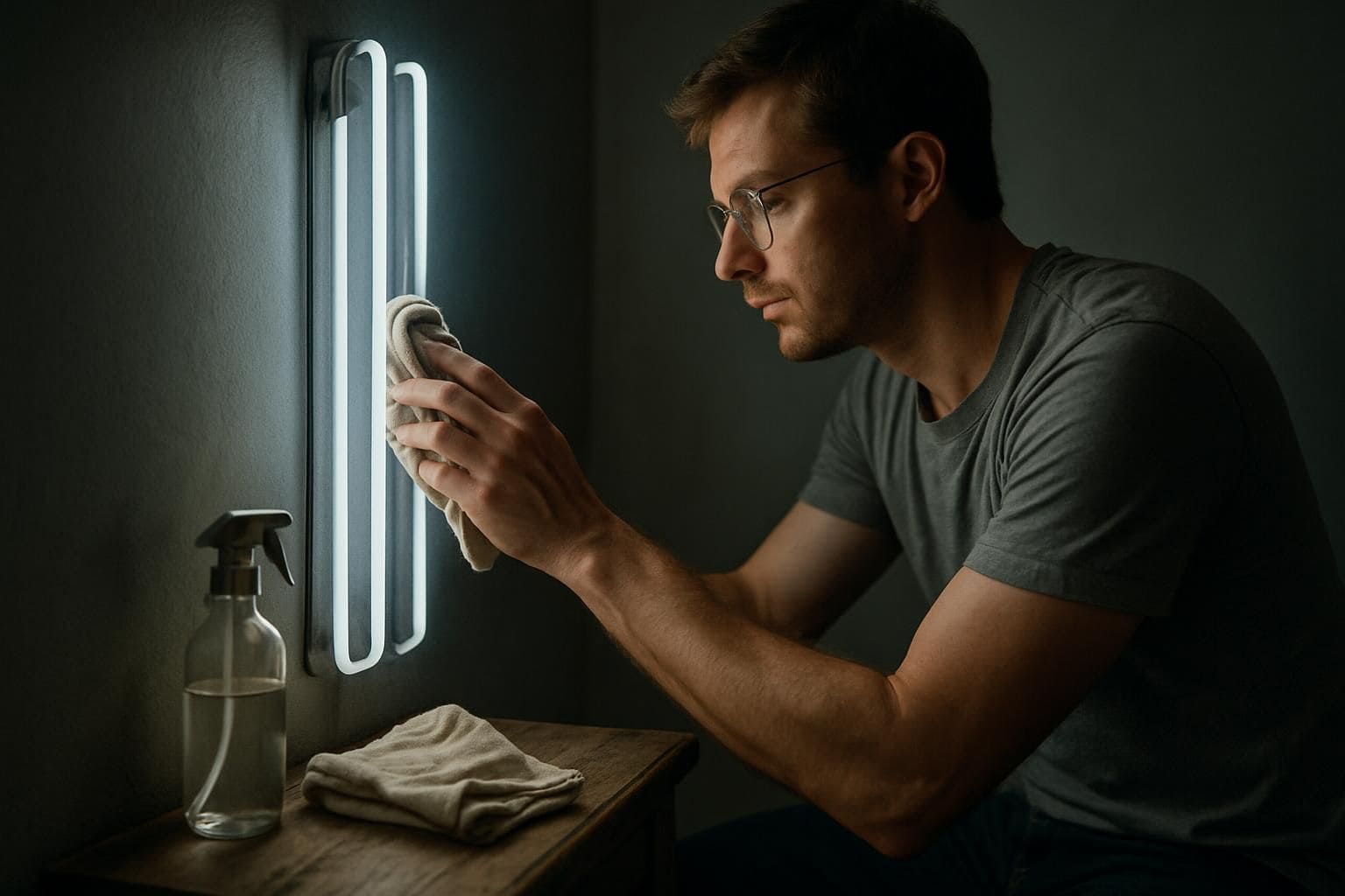 A man cleans a vintage neon sign in a dimly lit room. A man cleans a vintage neon sign in a dimly lit room.