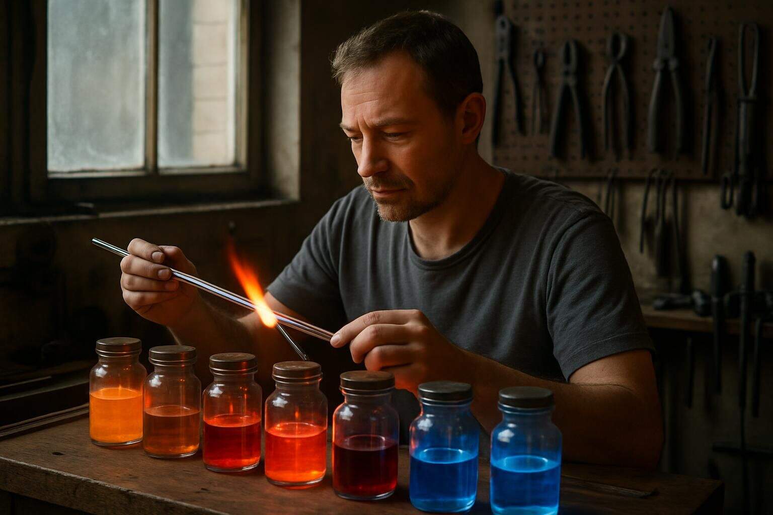 A craftsman shapes glass tubes in a well-organized workshop with wooden workbench and hanging tools. A craftsman shapes glass tubes in a well-organized workshop with wooden workbench and hanging tools.