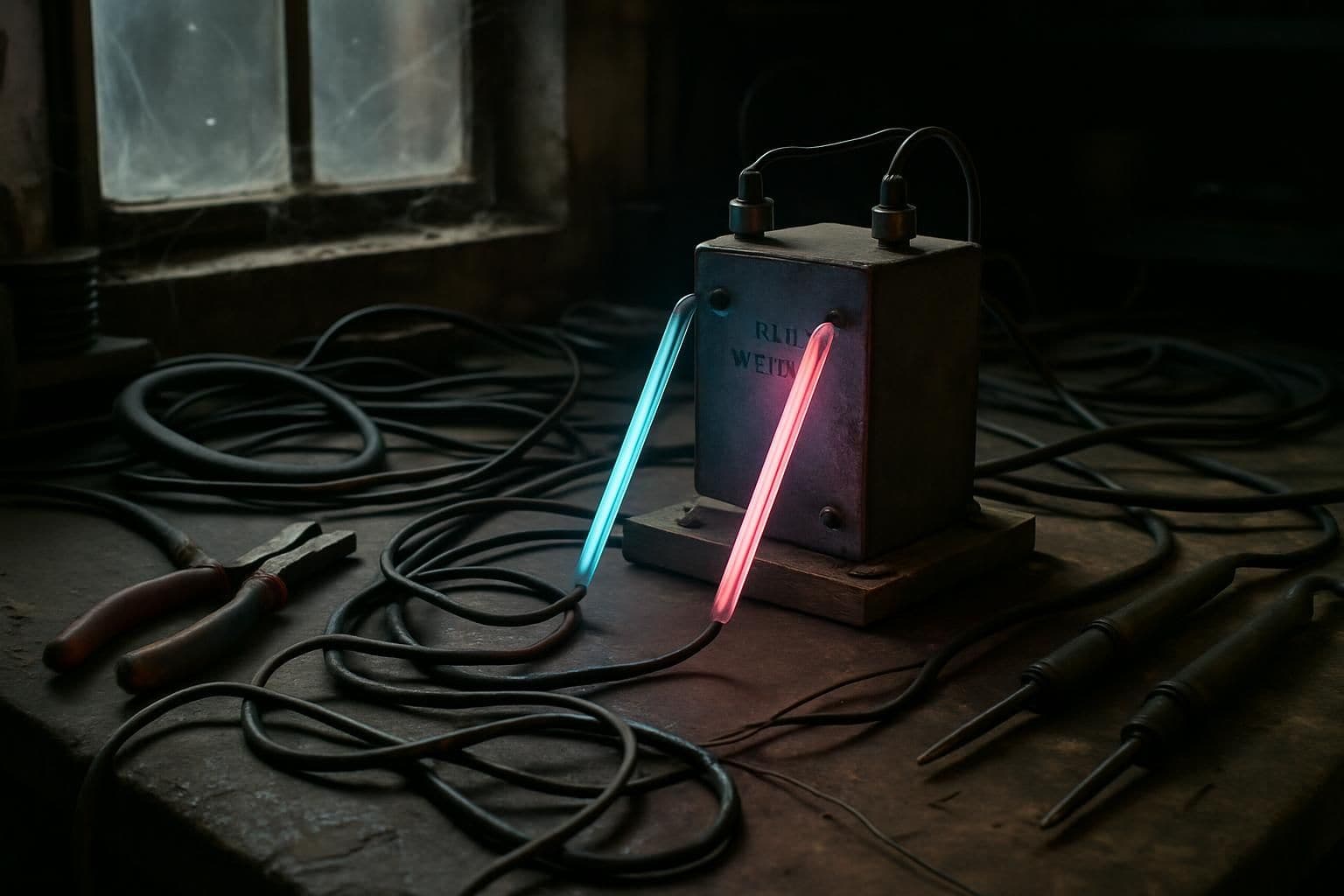 A cluttered workshop with an illuminated high-voltage transformer and electrical tools. A cluttered workshop with an illuminated high-voltage transformer and electrical tools.