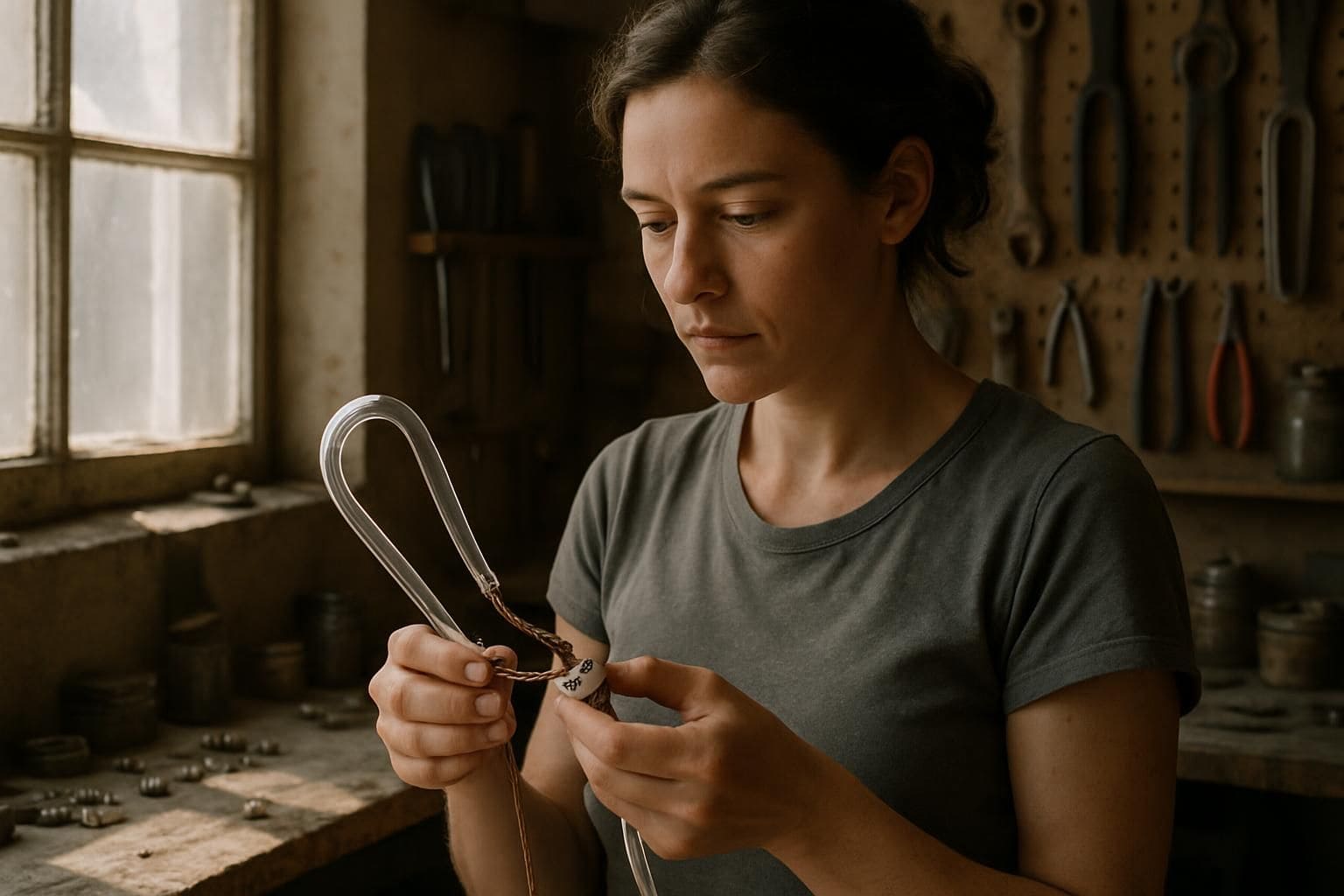 A woman in her 30s inspects wiring at a cluttered workshop bench. A woman in her 30s inspects wiring at a cluttered workshop bench.