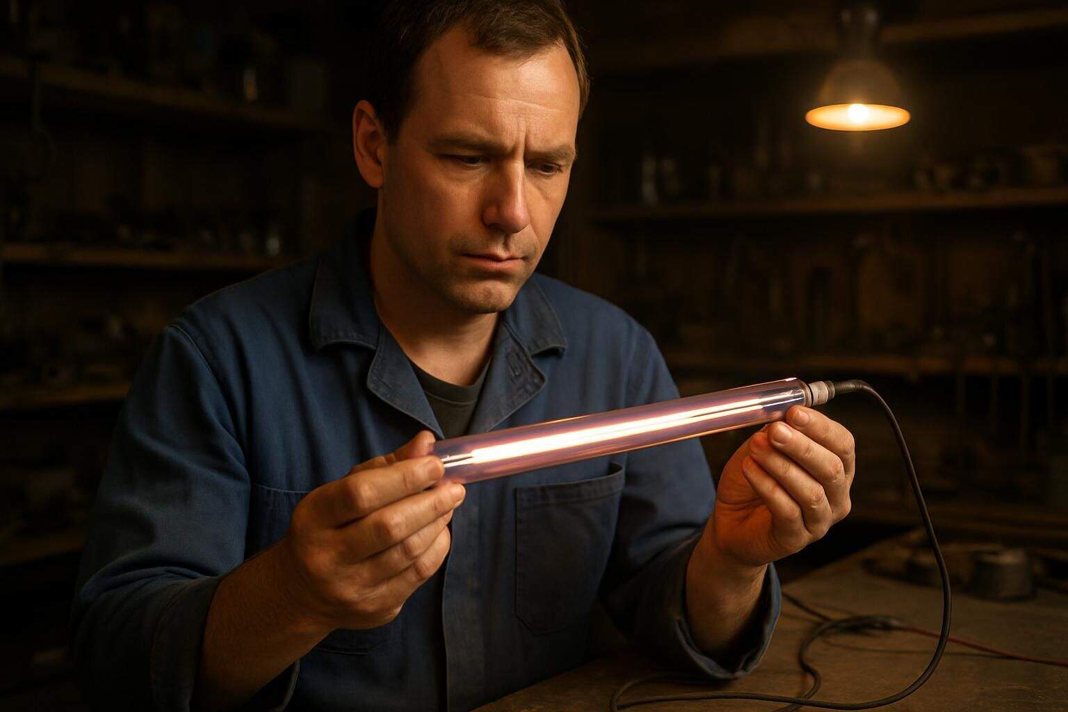 A middle-aged man inspects a glowing glass tube in a cluttered workshop. A middle-aged man inspects a glowing glass tube in a cluttered workshop.