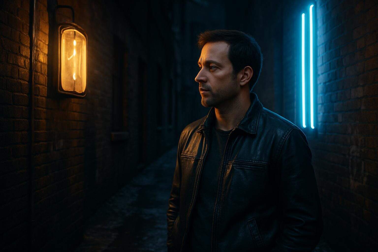 A man stands in an urban alleyway, surrounded by vintage and modern neon signs. A man stands in an urban alleyway, surrounded by vintage and modern neon signs.