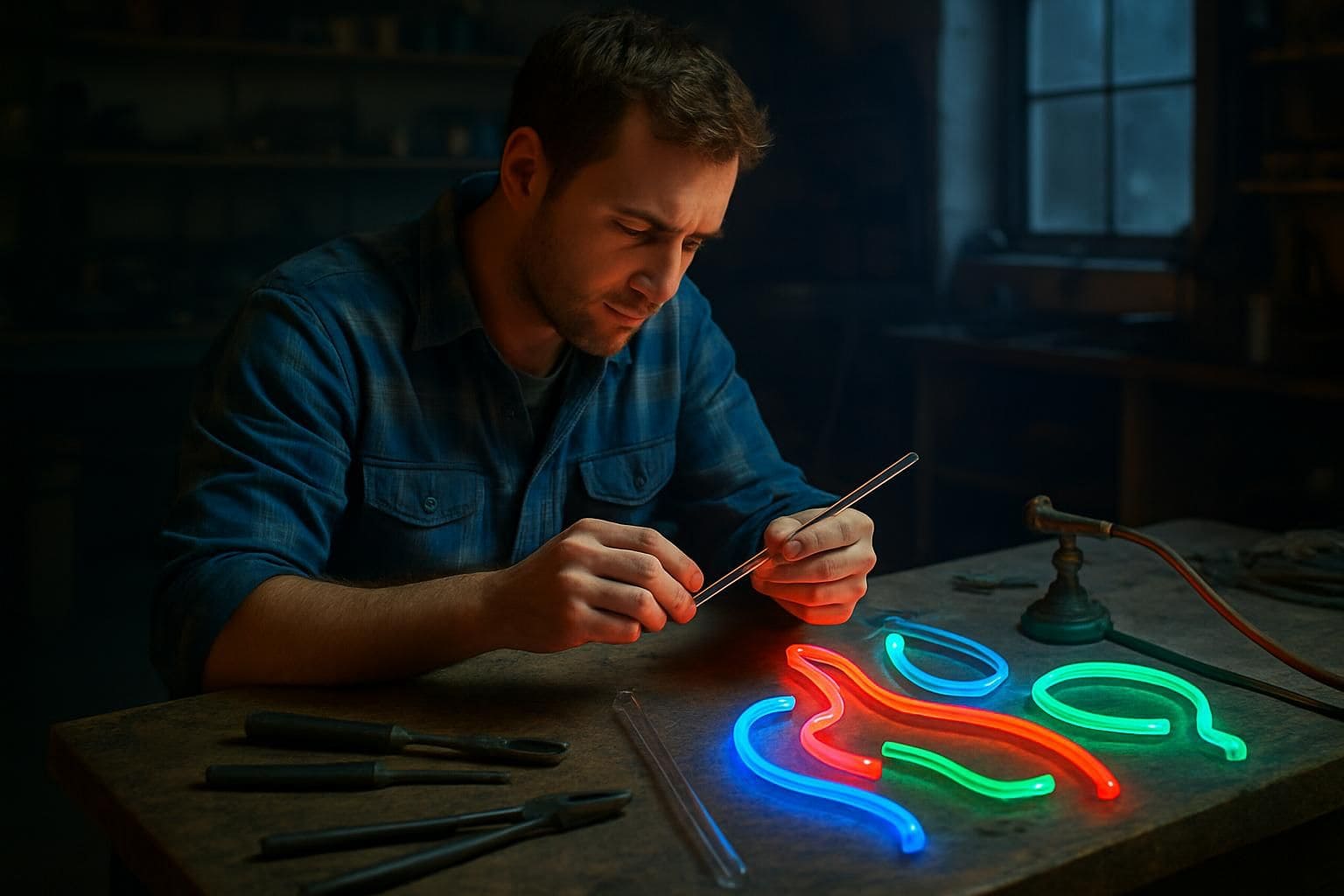 A man in his 30s works with neon signs in a cluttered workshop, focusing on precise glass tube manipulation. A man in his 30s works with neon signs in a cluttered workshop, focusing on precise glass tube manipulation.