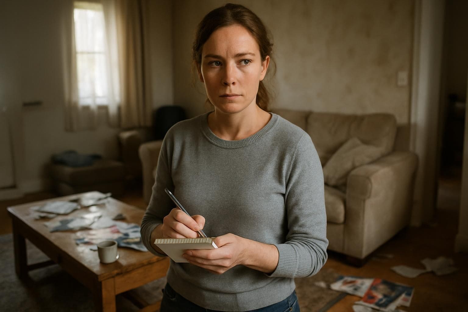 A woman in a gray sweater writes thoughtfully in a cluttered living room filled with everyday objects. A woman in a gray sweater writes thoughtfully in a cluttered living room filled with everyday objects.