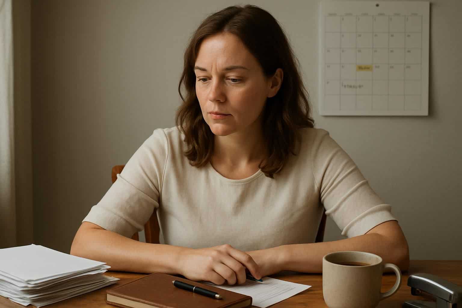 A woman in a cream blouse sits at a cluttered desk, focusing intently on her work in a home office. A woman in a cream blouse sits at a cluttered desk, focusing intently on her work in a home office.