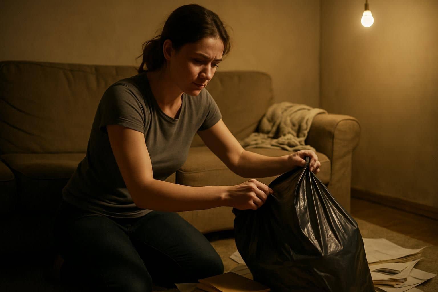 A woman in her 30s sorts through clutter in a modest living room while holding a trash bag. A woman in her 30s sorts through clutter in a modest living room while holding a trash bag.