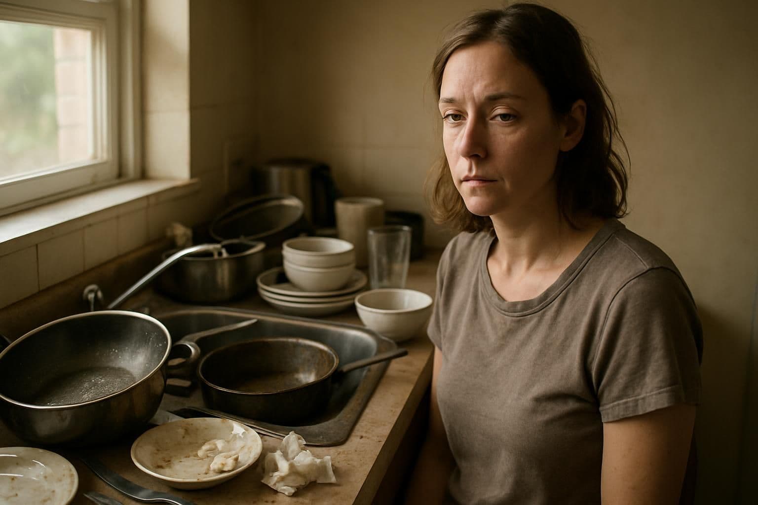 A weary woman stands by a cluttered kitchen counter filled with dirty dishes and cooking debris, showcasing everyday life. A weary woman stands by a cluttered kitchen counter filled with dirty dishes and cooking debris, showcasing everyday life.