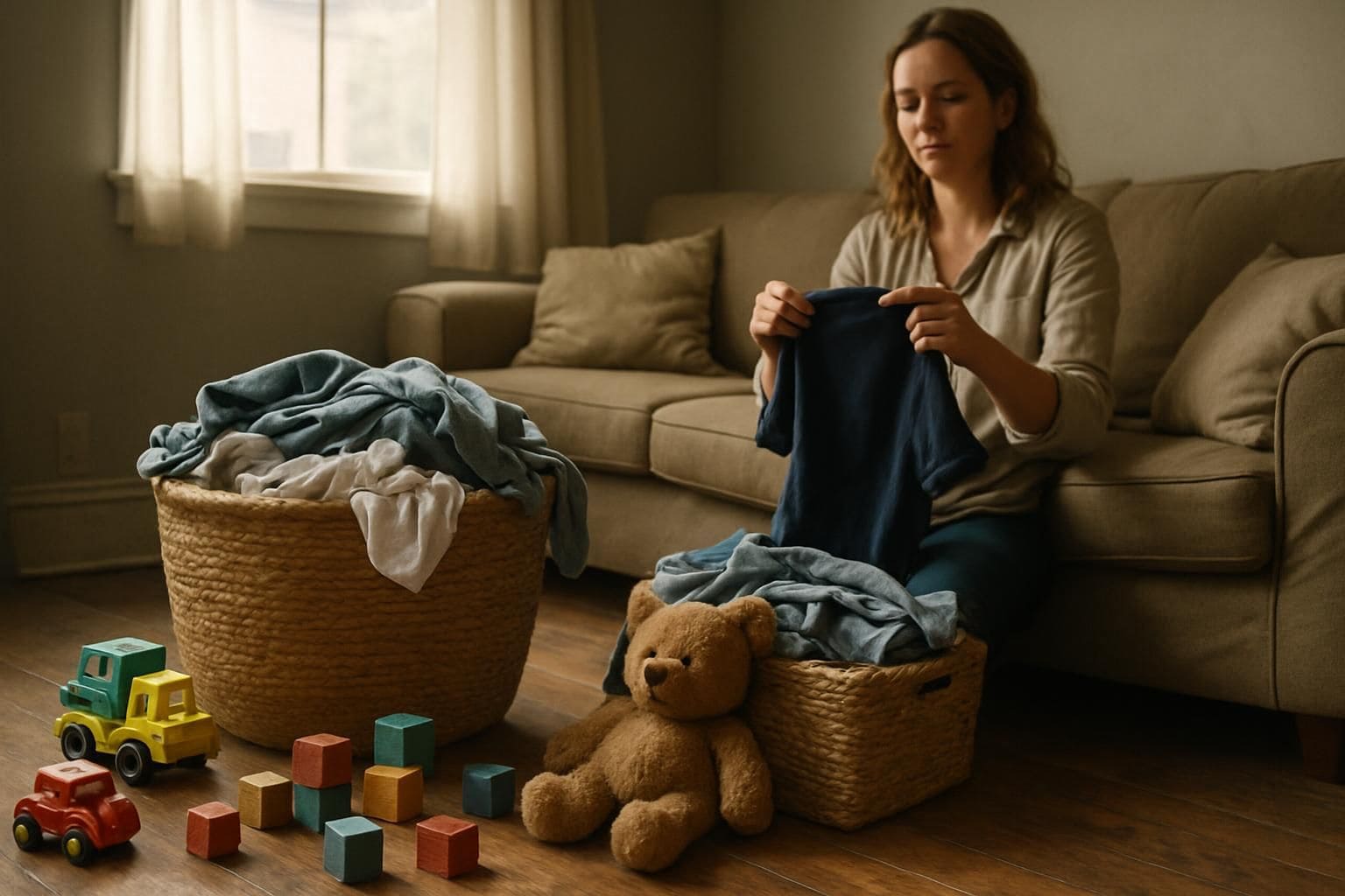 A cluttered living room showcases everyday life with toys, laundry, and a woman folding clothes on a sagging couch. A cluttered living room showcases everyday life with toys, laundry, and a woman folding clothes on a sagging couch.