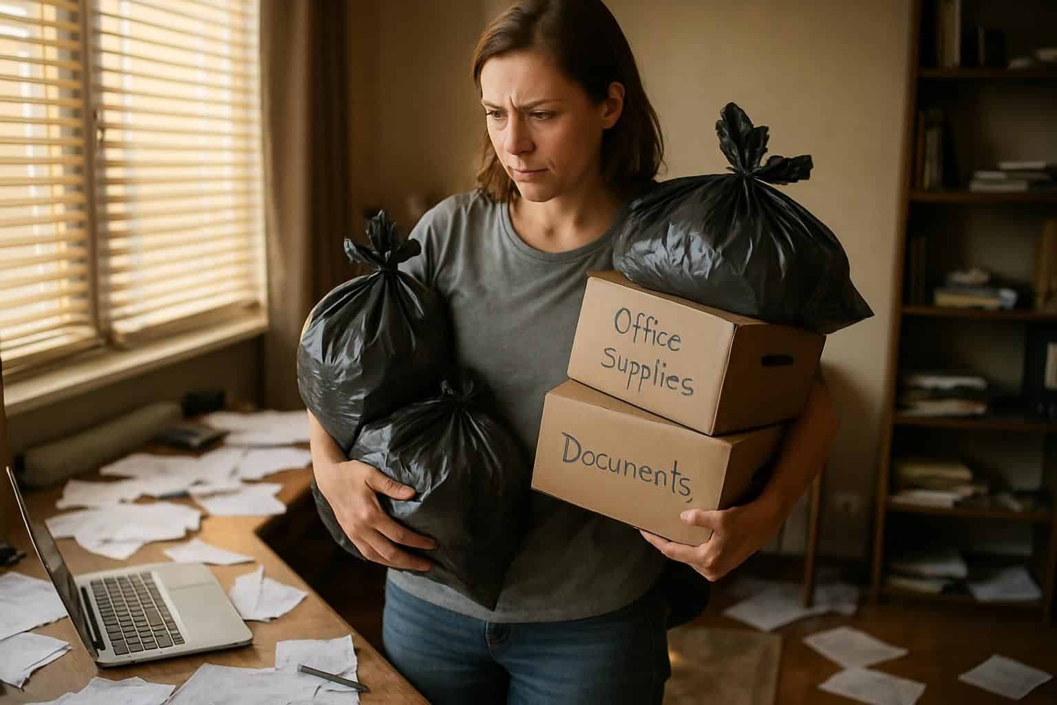 A focused woman organizes her cluttered home office while holding trash bags and boxes labeled in blue ink. A focused woman organizes her cluttered home office while holding trash bags and boxes labeled in blue ink.