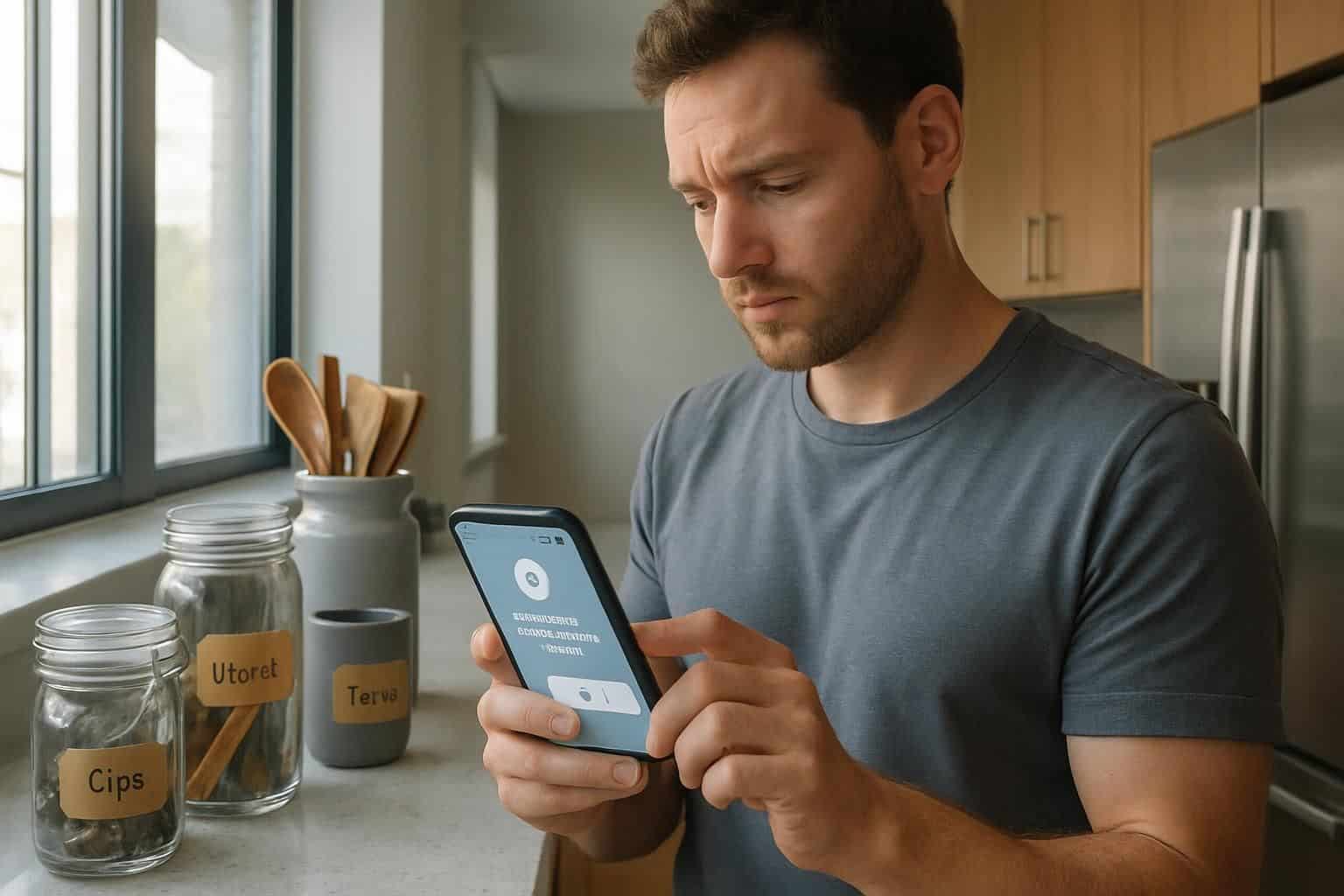 A man in a modern kitchen focuses on his smartphone while surrounded by neatly organized kitchen utensils. A man in a modern kitchen focuses on his smartphone while surrounded by neatly organized kitchen utensils.