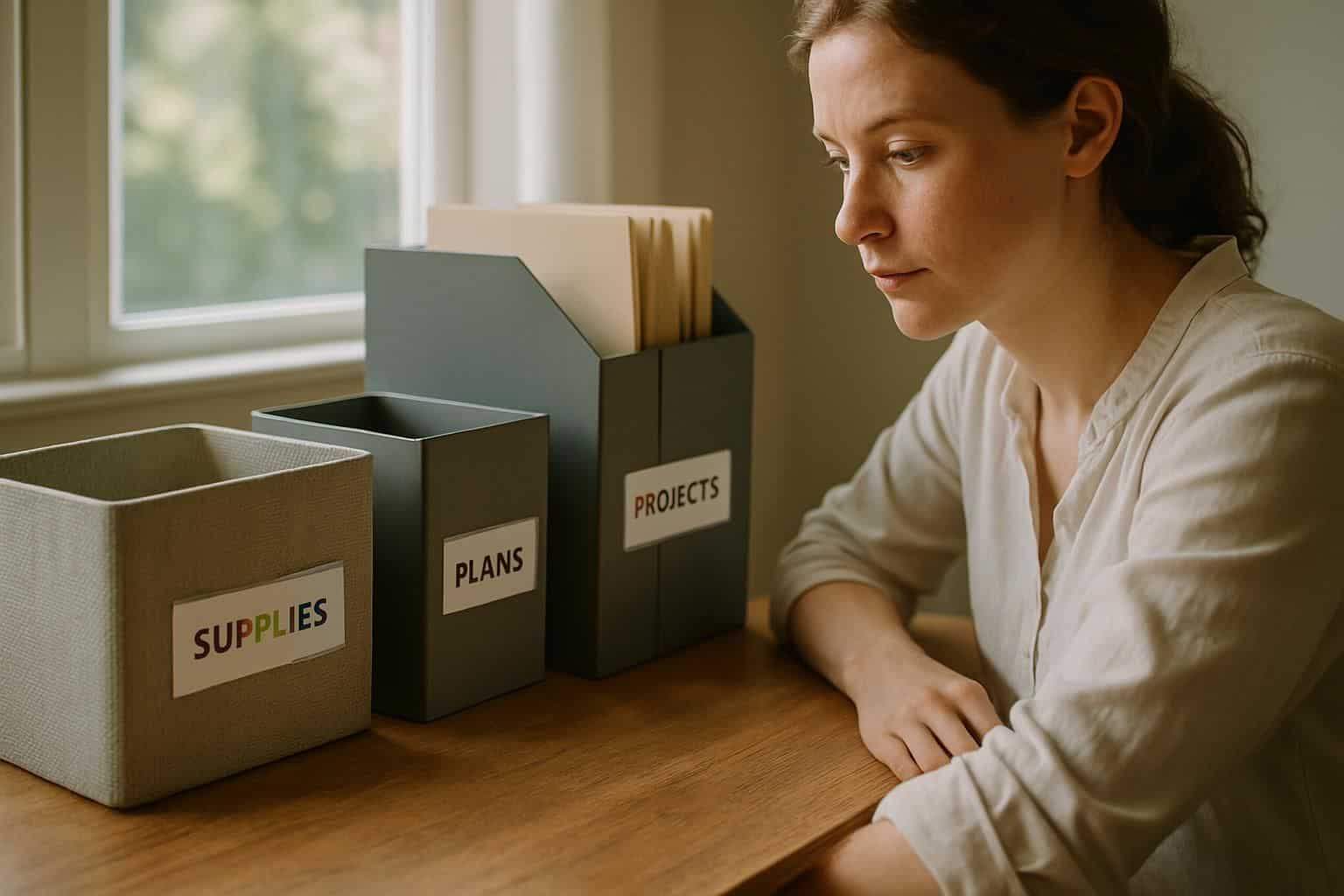 A woman in her 30s works thoughtfully at a neatly organized wooden desk. A woman in her 30s works thoughtfully at a neatly organized wooden desk.