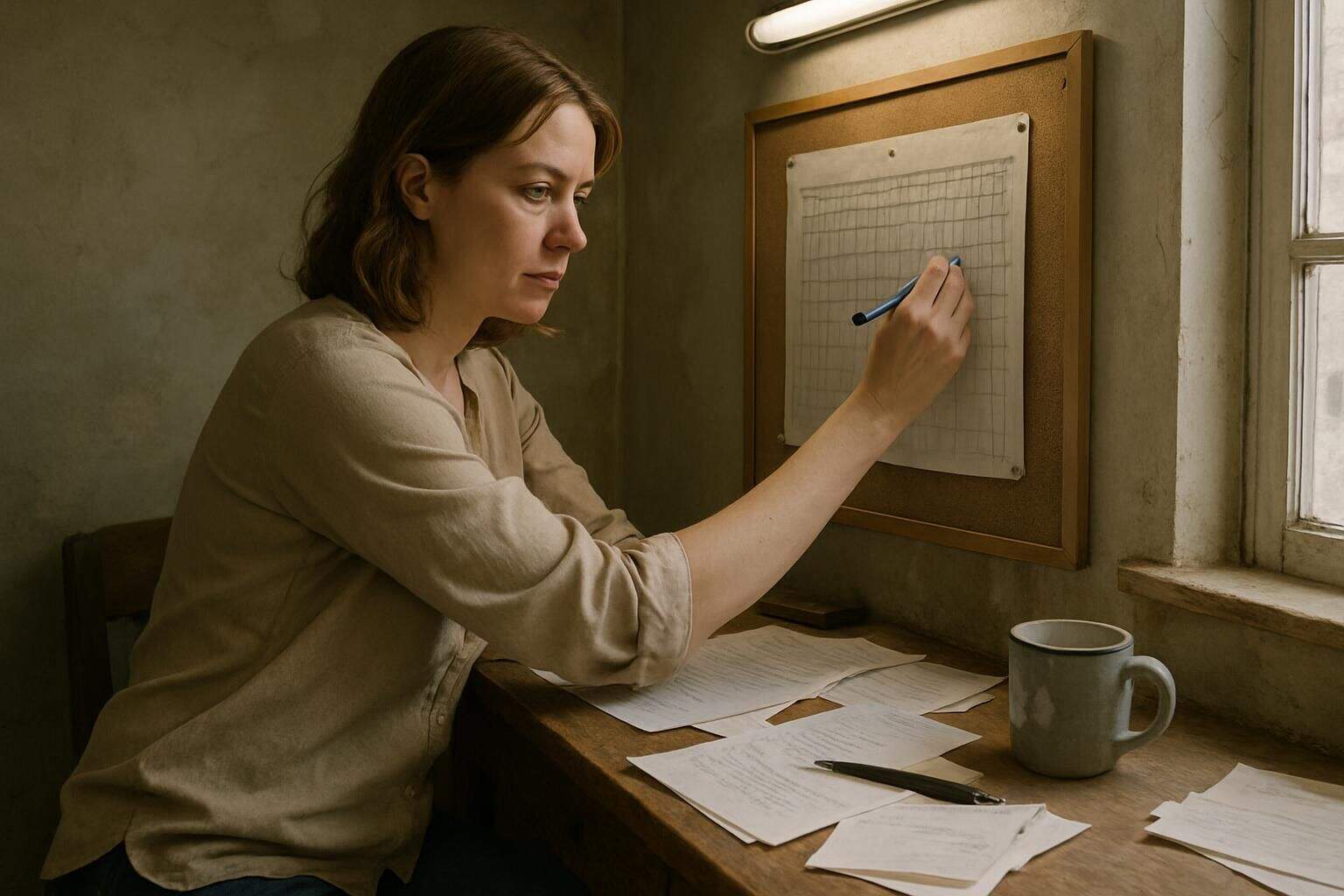A determined woman marks progress on a cluttered desk, surrounded by papers and a half-empty coffee mug. A determined woman marks progress on a cluttered desk, surrounded by papers and a half-empty coffee mug.