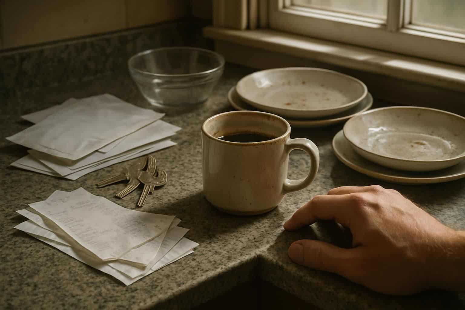 A cluttered kitchen counter displays mail, receipts, keys, a chipped coffee cup, and dishes with food residue. A cluttered kitchen counter displays mail, receipts, keys, a chipped coffee cup, and dishes with food residue.