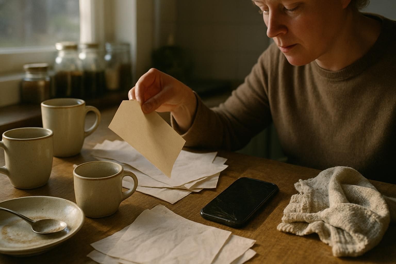 A cluttered kitchen counter displays everyday items, including crumpled papers, mugs, and a smartphone, capturing a lived-in moment. A cluttered kitchen counter displays everyday items, including crumpled papers, mugs, and a smartphone, capturing a lived-in moment.