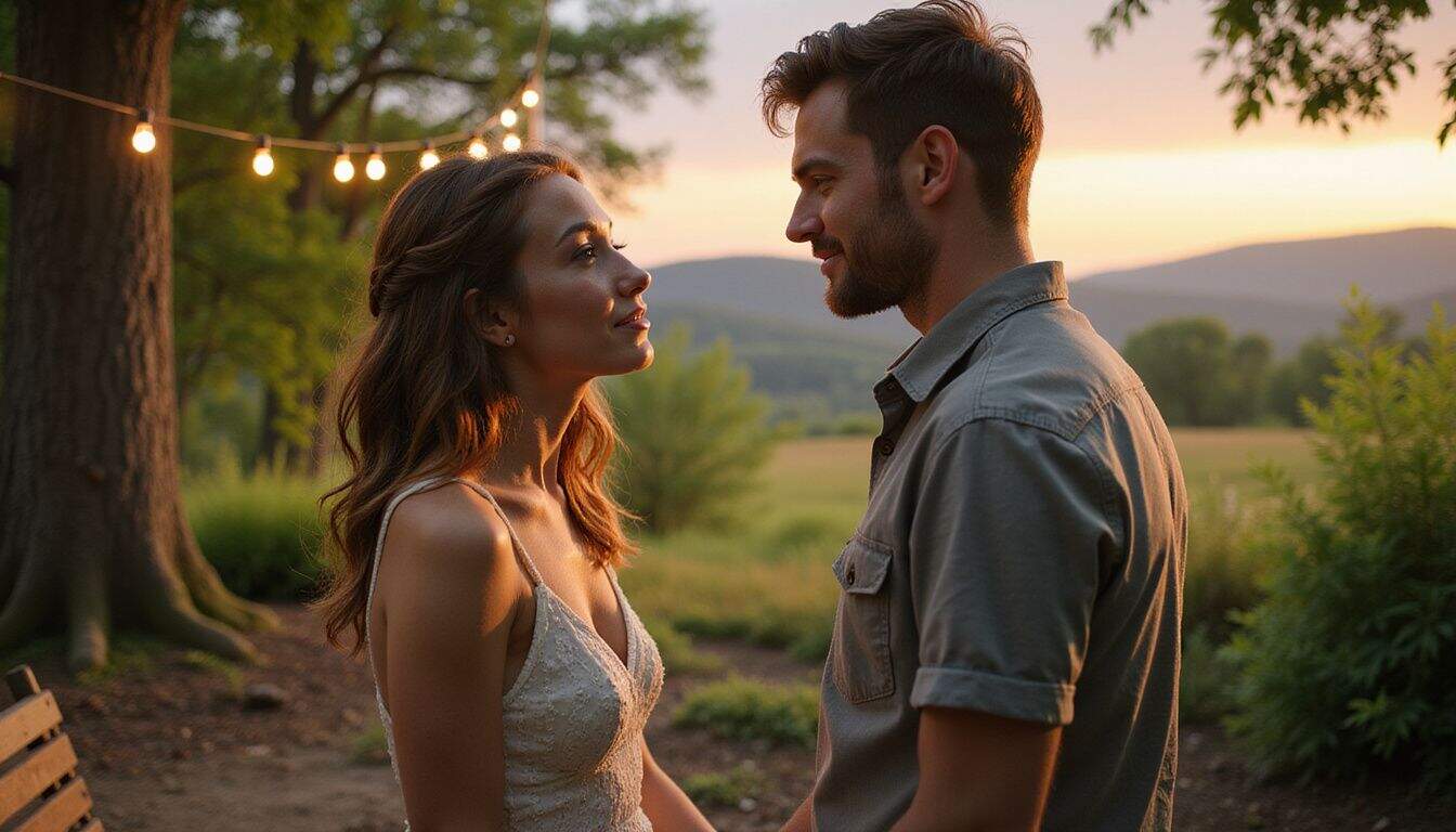 A young couple exchanges heartfelt vows in a serene garden setting, surrounded by greenery and rustic decor. A young couple exchanges heartfelt vows in a serene garden setting, surrounded by greenery and rustic decor.