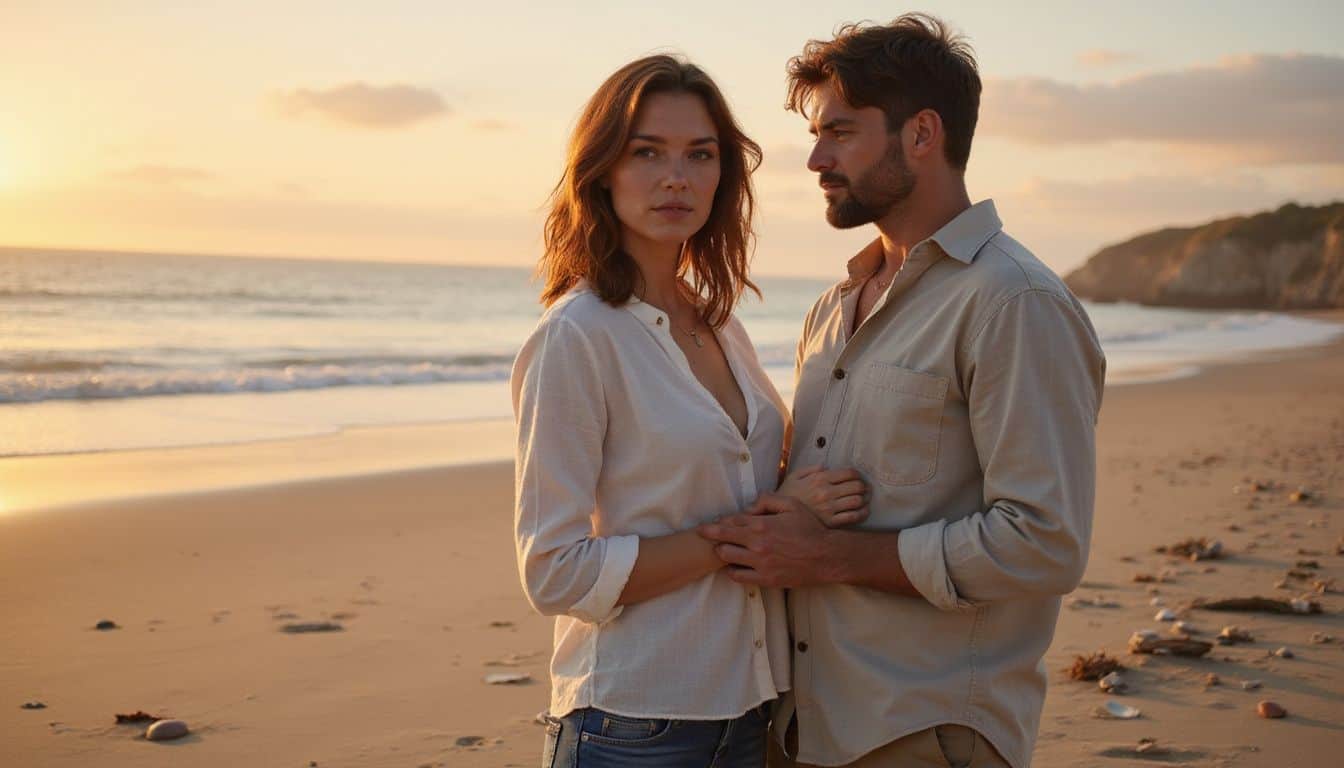 A couple stands close together on a beach at sunset, sharing a tender moment of connection and intimacy. A couple stands close together on a beach at sunset, sharing a tender moment of connection and intimacy.