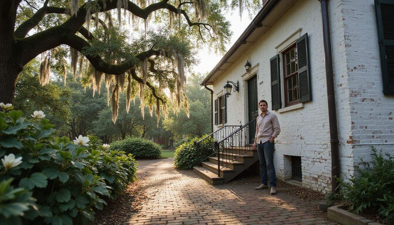 A historic Charleston plantation house is surrounded by lush gardens and majestic oak trees, creating a serene Southern atmosphere. A historic Charleston plantation house is surrounded by lush gardens and majestic oak trees, creating a serene Southern atmosphere.