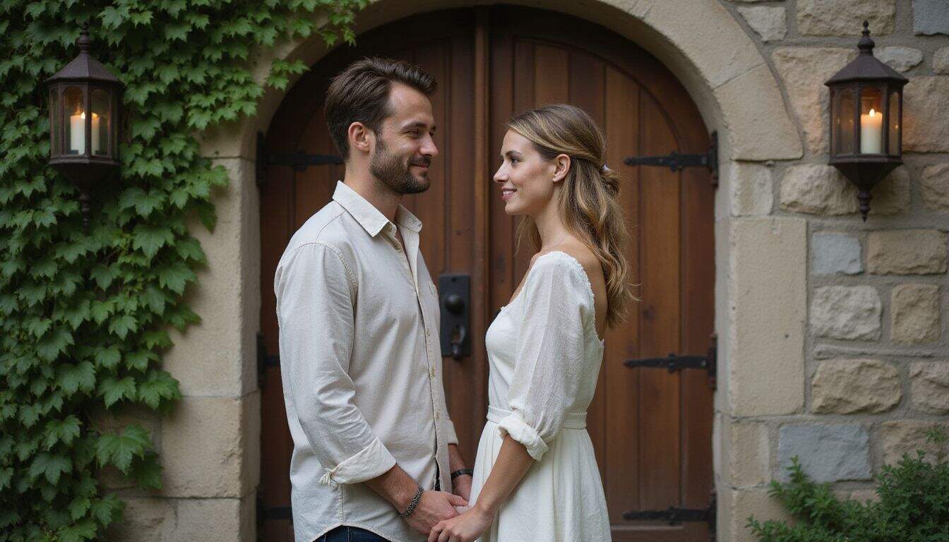 A couple exchanges vows in front of a charming, ivy-covered stone chapel, radiating intimacy and sincerity. A couple exchanges vows in front of a charming, ivy-covered stone chapel, radiating intimacy and sincerity.