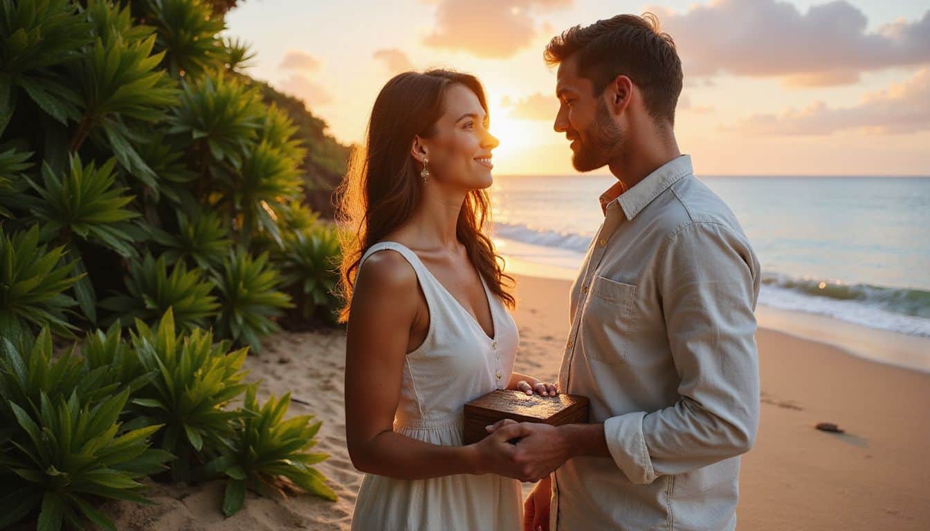 A couple exchanges hand-carved wooden boxes on a beach at sunset, surrounded by lush tropical plants and calm ocean waves. A couple exchanges hand-carved wooden boxes on a beach at sunset, surrounded by lush tropical plants and calm ocean waves.