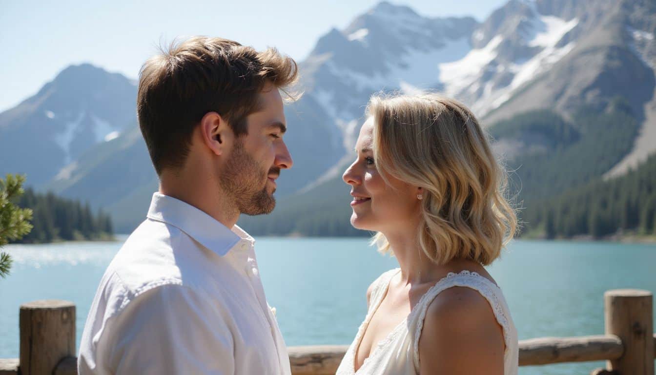 A couple exchanges heartfelt wedding vows outdoors at Squaw Valley High Camp, surrounded by majestic mountains and a serene lake. A couple exchanges heartfelt wedding vows outdoors at Squaw Valley High Camp, surrounded by majestic mountains and a serene lake.