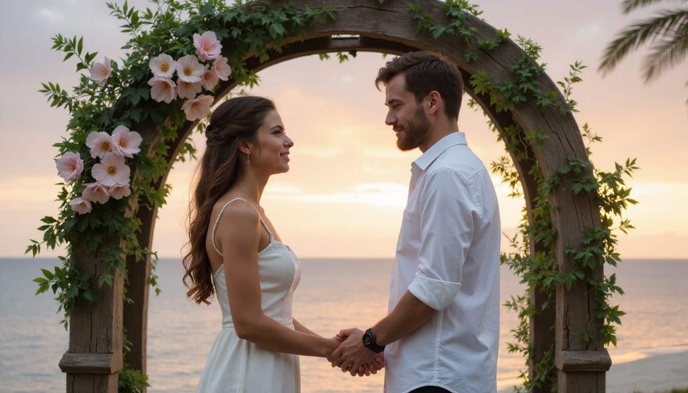 A couple exchanges vows under a beautifully decorated archway at a seaside resort, surrounded by lush foliage and ocean views. A couple exchanges vows under a beautifully decorated archway at a seaside resort, surrounded by lush foliage and ocean views.