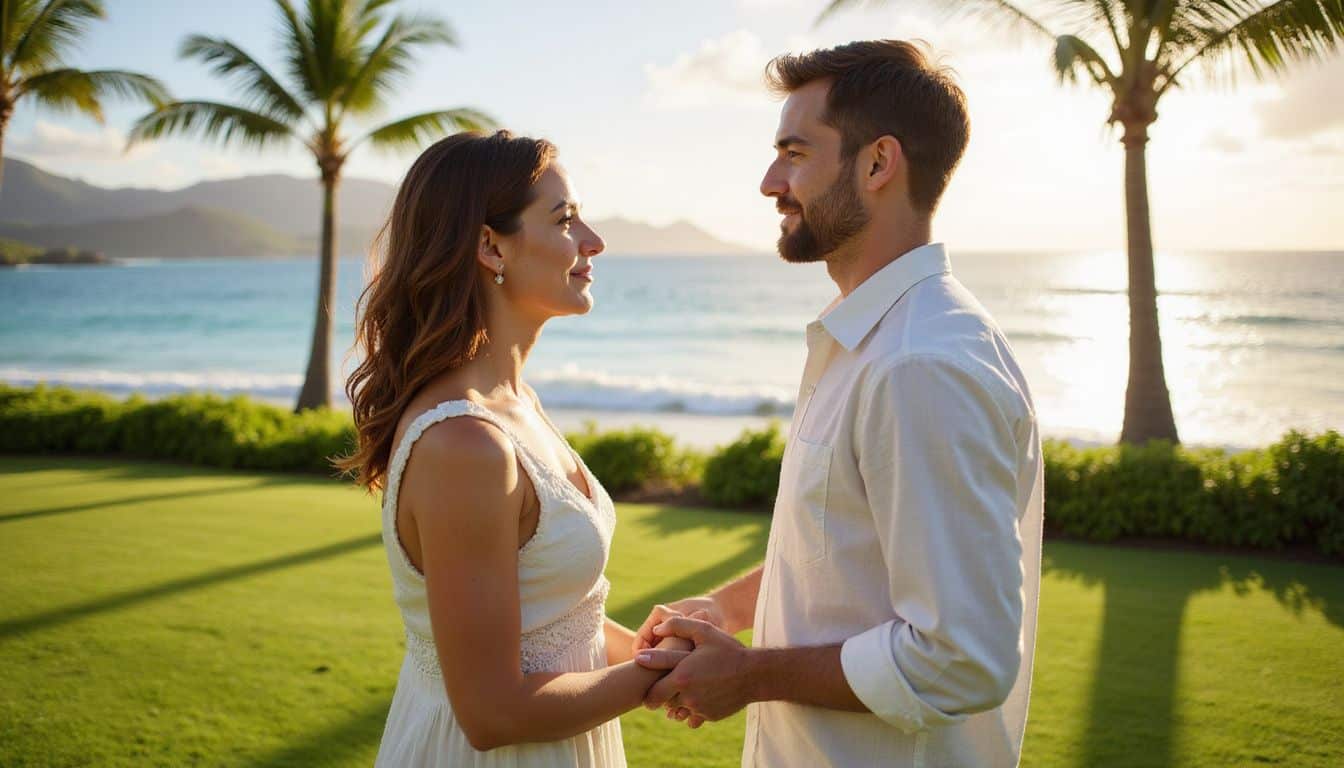 A couple exchanges wedding vows on a lush lawn by the ocean, creating a moment of intimacy and love. A couple exchanges wedding vows on a lush lawn by the ocean, creating a moment of intimacy and love.