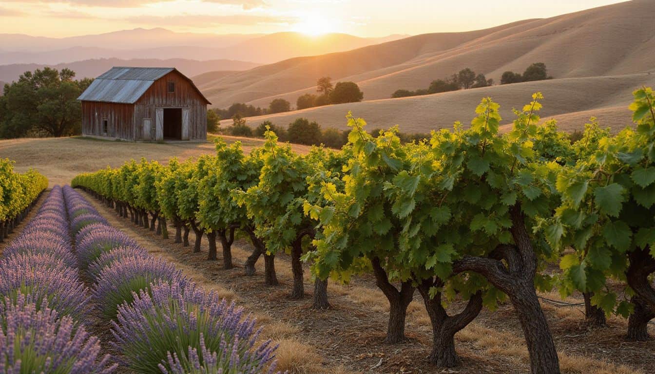 A picturesque Napa Valley vineyard features lush grapevines, rolling hills, a weathered barn, and blooming lavender fields. A picturesque Napa Valley vineyard features lush grapevines, rolling hills, a weathered barn, and blooming lavender fields.