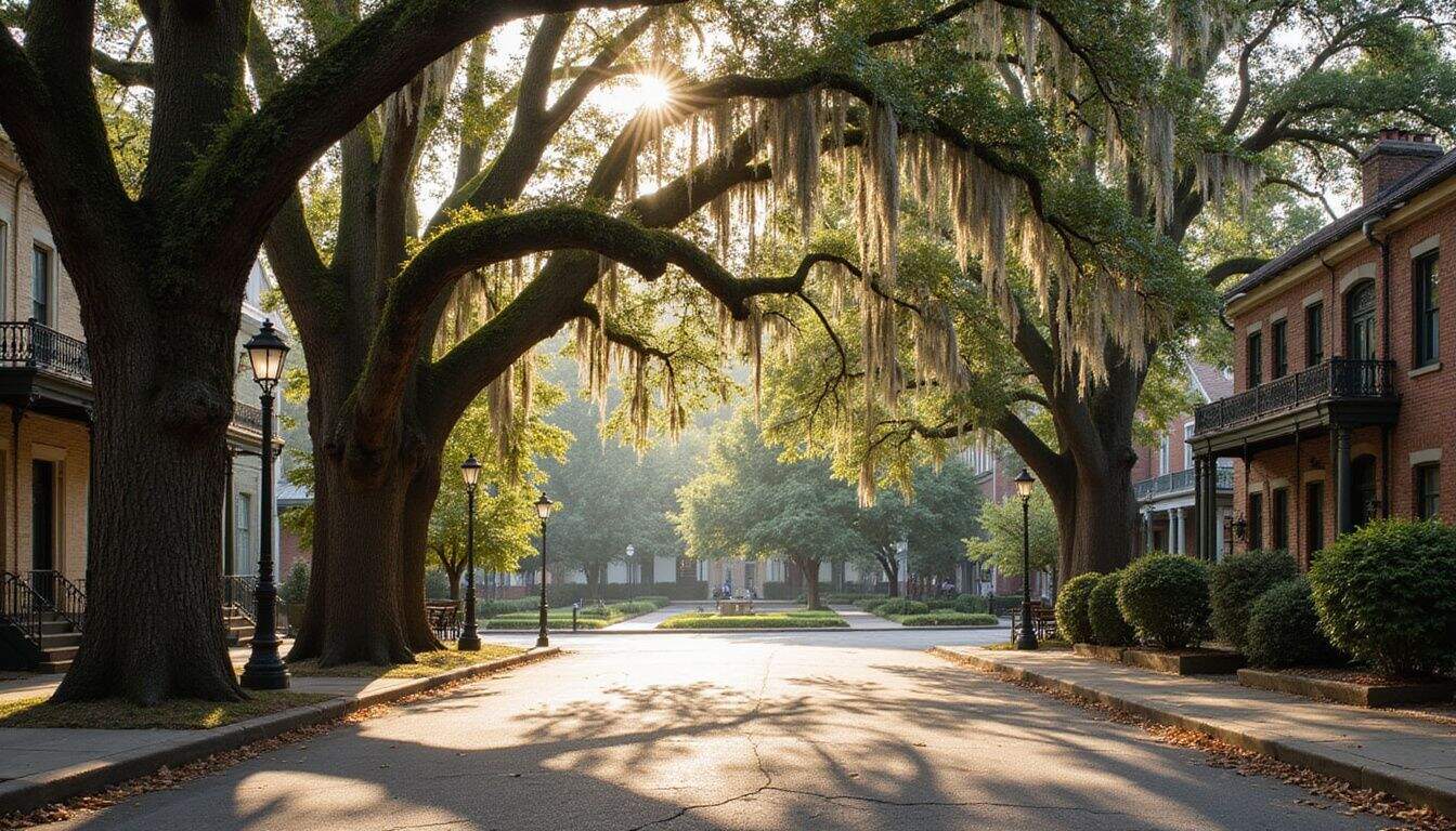 A tranquil Savannah street is lined with live oaks, Spanish moss, and historic homes, evoking a timeless, serene atmosphere. A tranquil Savannah street is lined with live oaks, Spanish moss, and historic homes, evoking a timeless, serene atmosphere.