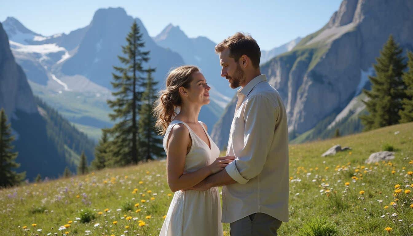 A couple exchanges wedding vows outdoors at a mountain venue surrounded by lush grass and vibrant wildflowers. A couple exchanges wedding vows outdoors at a mountain venue surrounded by lush grass and vibrant wildflowers.