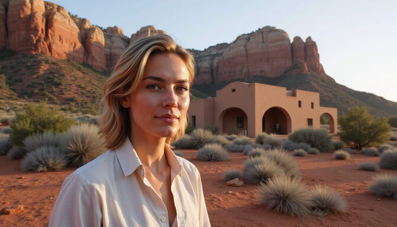 A contemplative individual stands amidst Sedona's rugged red sandstone formations and native desert plants near an event center. A contemplative individual stands amidst Sedona's rugged red sandstone formations and native desert plants near an event center.