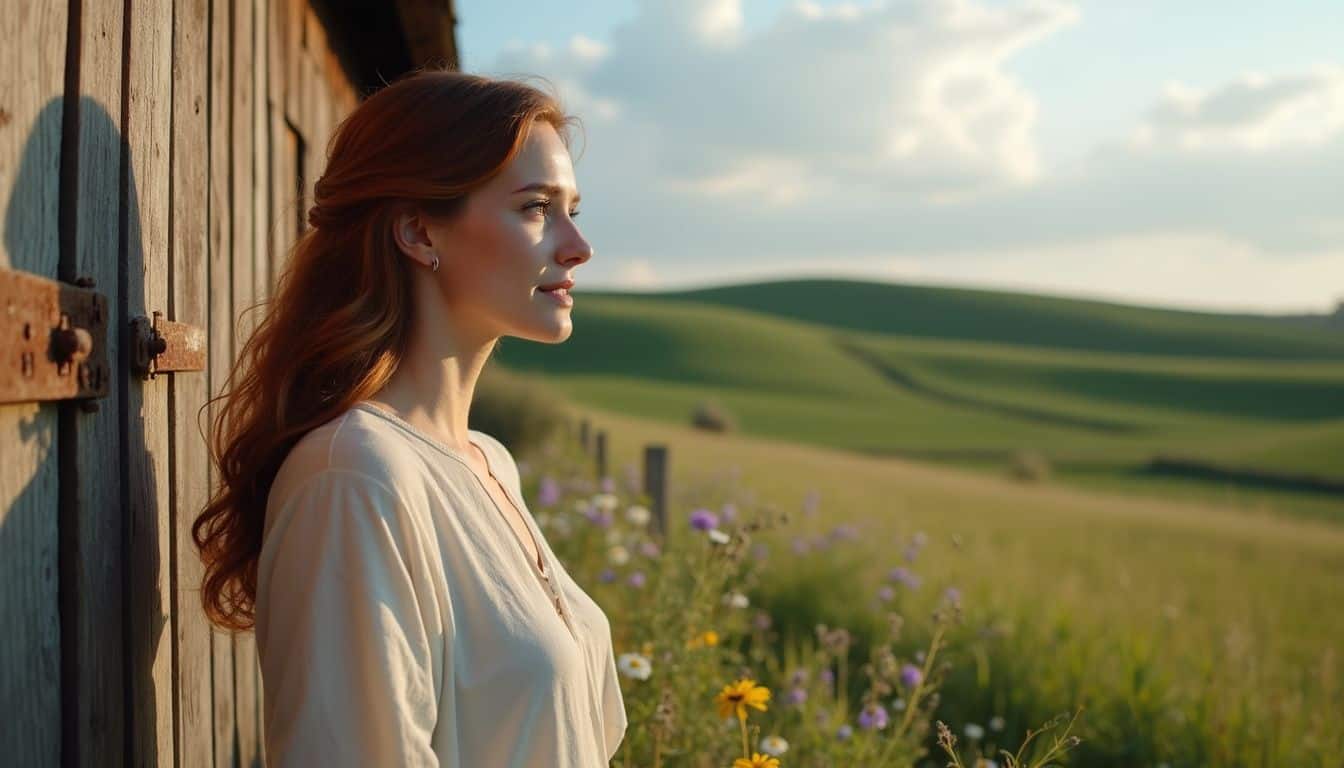 A woman thoughtfully admires a rustic barn surrounded by rolling hills and wildflowers, envisioning a potential wedding venue. A woman thoughtfully admires a rustic barn surrounded by rolling hills and wildflowers, envisioning a potential wedding venue.
