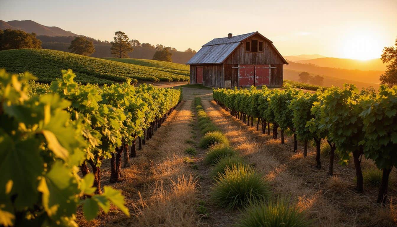 A picturesque Napa Valley vineyard features lush grapevines, a rustic barn, and serene rolling hills, evoking a romantic atmosphere. A picturesque Napa Valley vineyard features lush grapevines, a rustic barn, and serene rolling hills, evoking a romantic atmosphere.