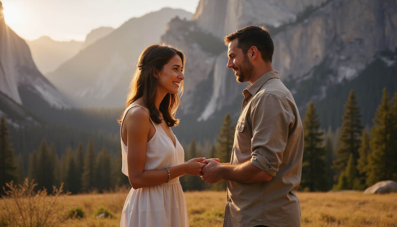 A couple exchanges vows in a serene outdoor setting at Yosemite National Park, surrounded by majestic granite cliffs. A couple exchanges vows in a serene outdoor setting at Yosemite National Park, surrounded by majestic granite cliffs.