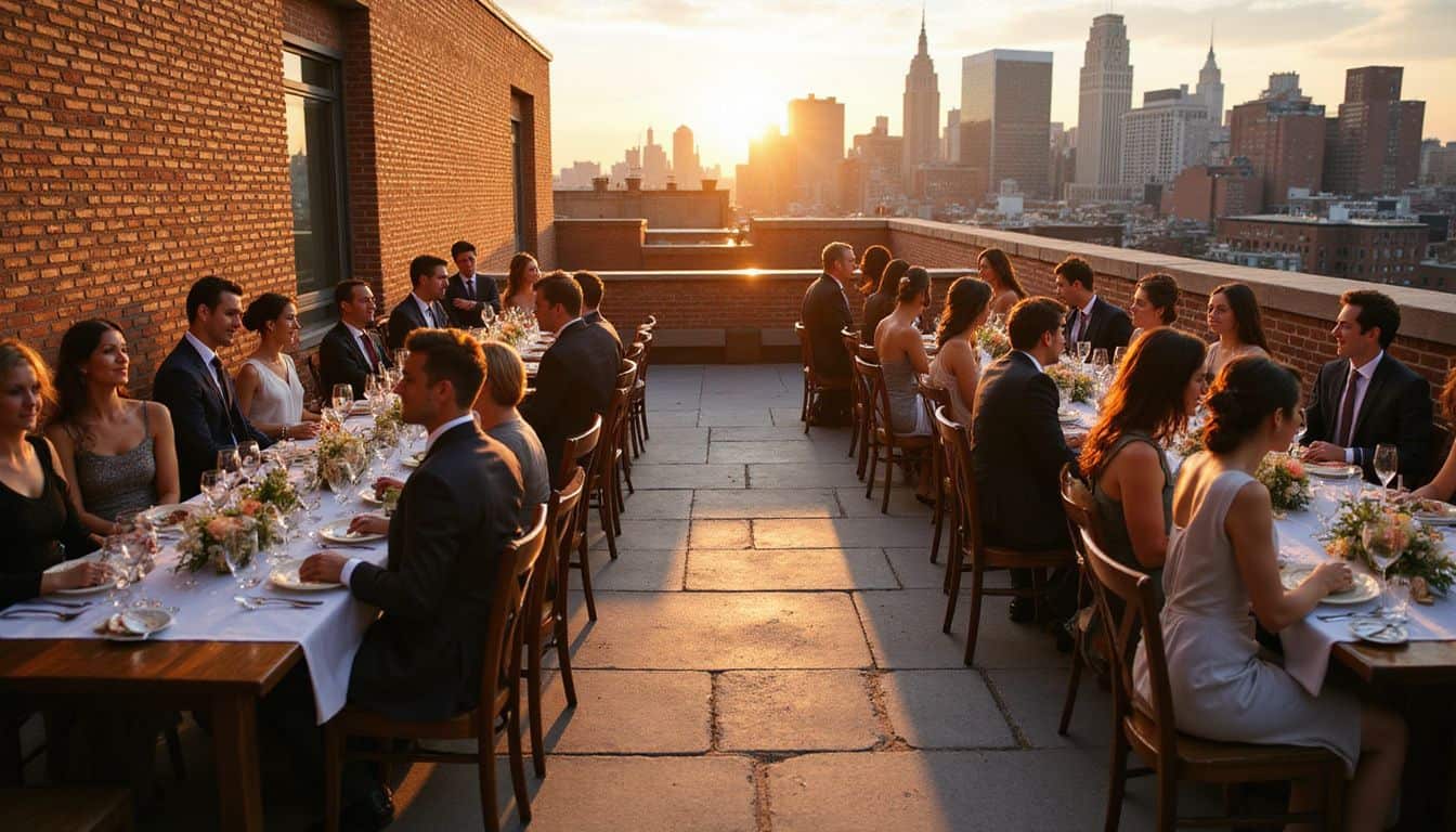 A rooftop wedding in New York City features elegant tables, joyful guests, and a stunning city skyline backdrop. A rooftop wedding in New York City features elegant tables, joyful guests, and a stunning city skyline backdrop.