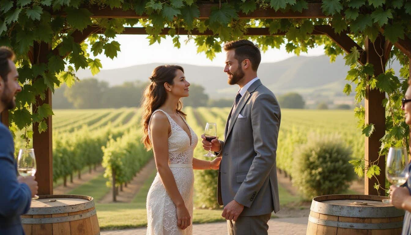 A couple exchanges wedding vows under a pergola adorned with grapevines, surrounded by joyful guests in a vineyard setting. A couple exchanges wedding vows under a pergola adorned with grapevines, surrounded by joyful guests in a vineyard setting.