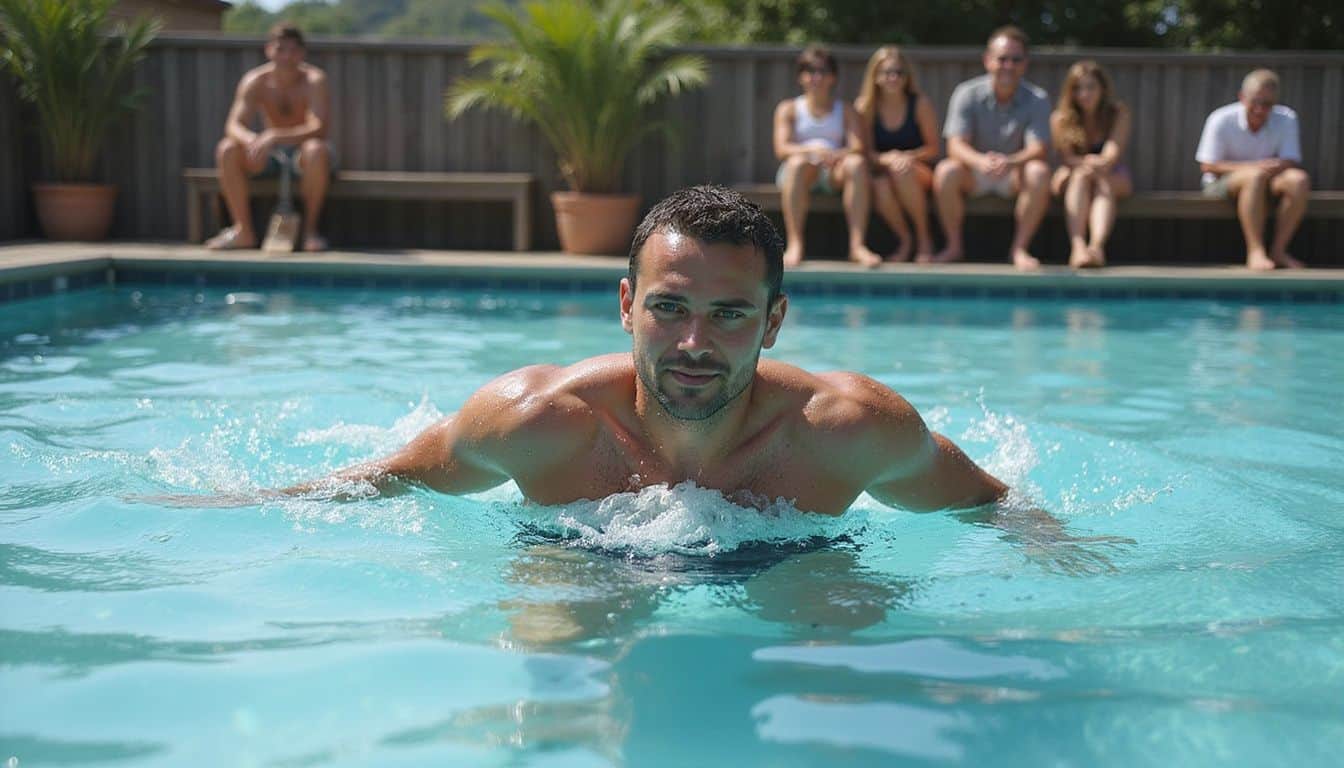 A man swims laps in a community pool, demonstrating focus and athleticism while onlookers watch encouragingly nearby. A man swims laps in a community pool, demonstrating focus and athleticism while onlookers watch encouragingly nearby.