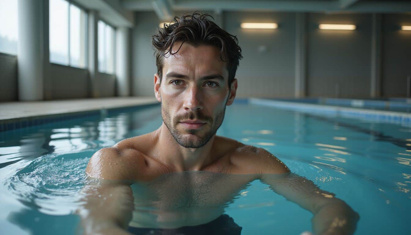 A man swims laps in an indoor pool, showcasing his athletic build and focused expression amid gentle water ripples. A man swims laps in an indoor pool, showcasing his athletic build and focused expression amid gentle water ripples.