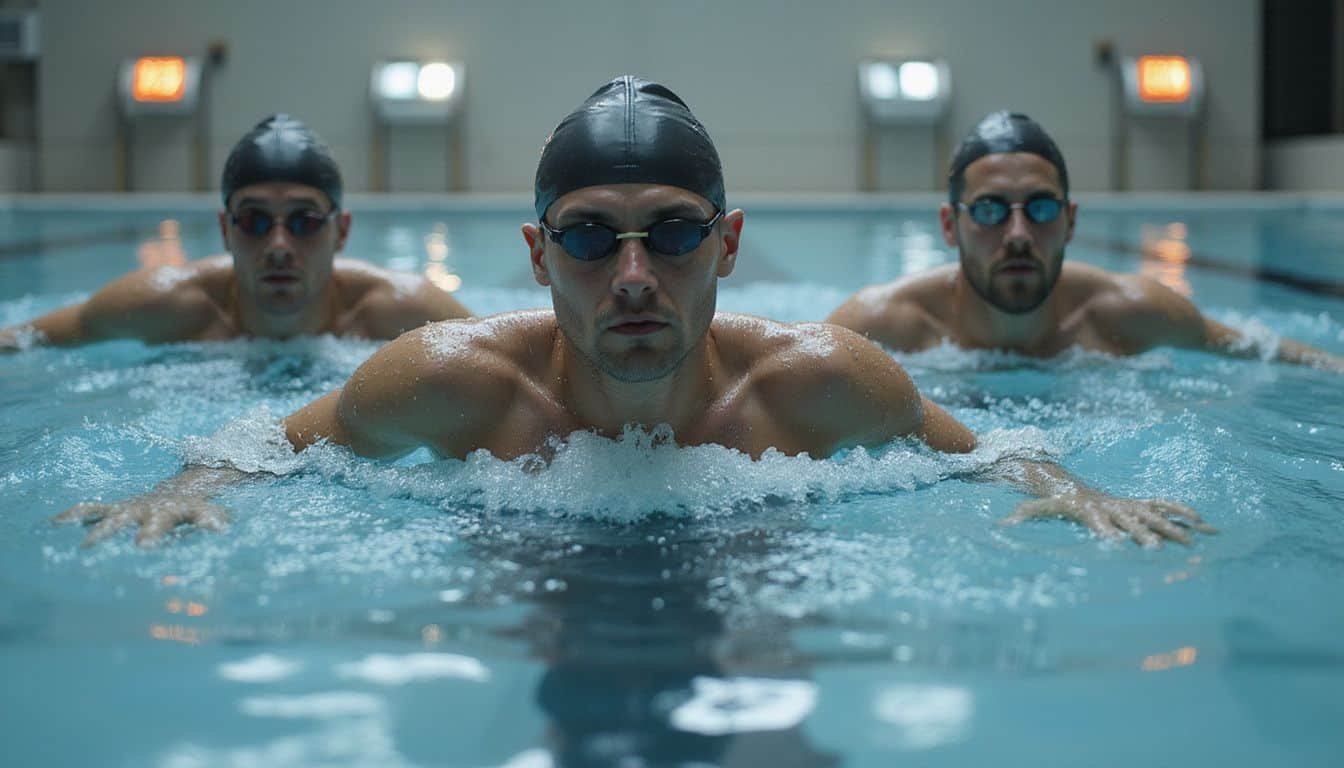 A group of focused middle-aged men swim efficiently in a modern indoor pool during their training session. A group of focused middle-aged men swim efficiently in a modern indoor pool during their training session.