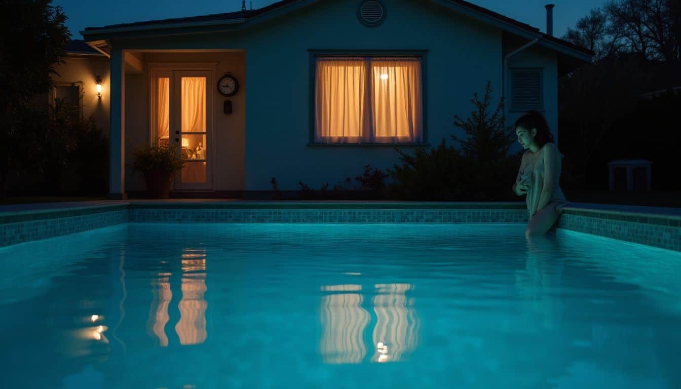 A person stands pensively by a serene Olympic-sized swimming pool, reflecting a tranquil night atmosphere. A person stands pensively by a serene Olympic-sized swimming pool, reflecting a tranquil night atmosphere.