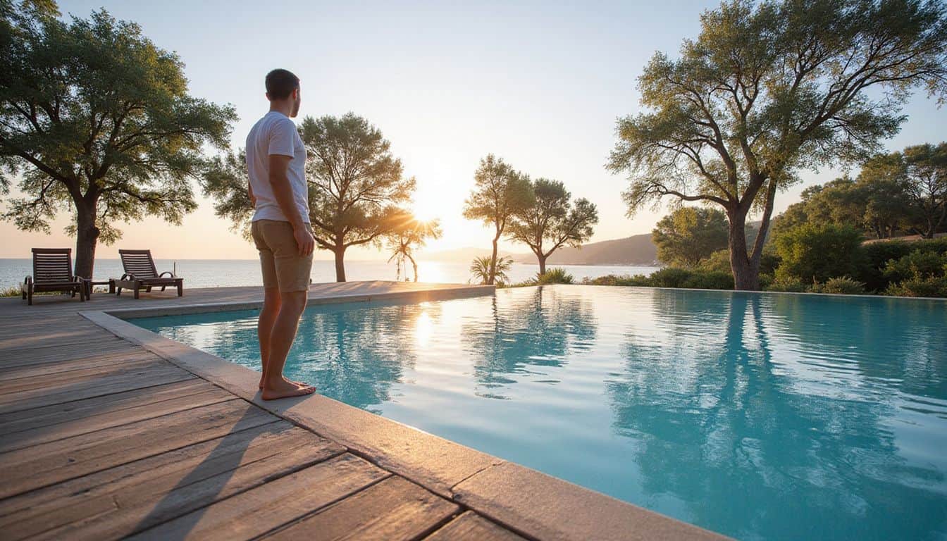 A serene poolside scene captures a relaxed figure enjoying the tranquil morning atmosphere surrounded by nature. A serene poolside scene captures a relaxed figure enjoying the tranquil morning atmosphere surrounded by nature.