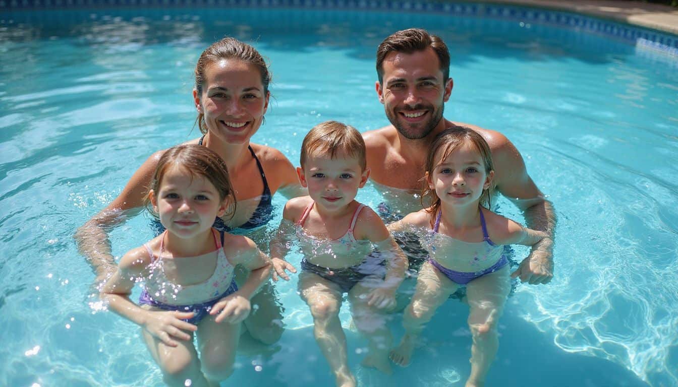 A family of four enjoys a fun and joyful day swimming together in a crystal-clear pool. A family of four enjoys a fun and joyful day swimming together in a crystal-clear pool.